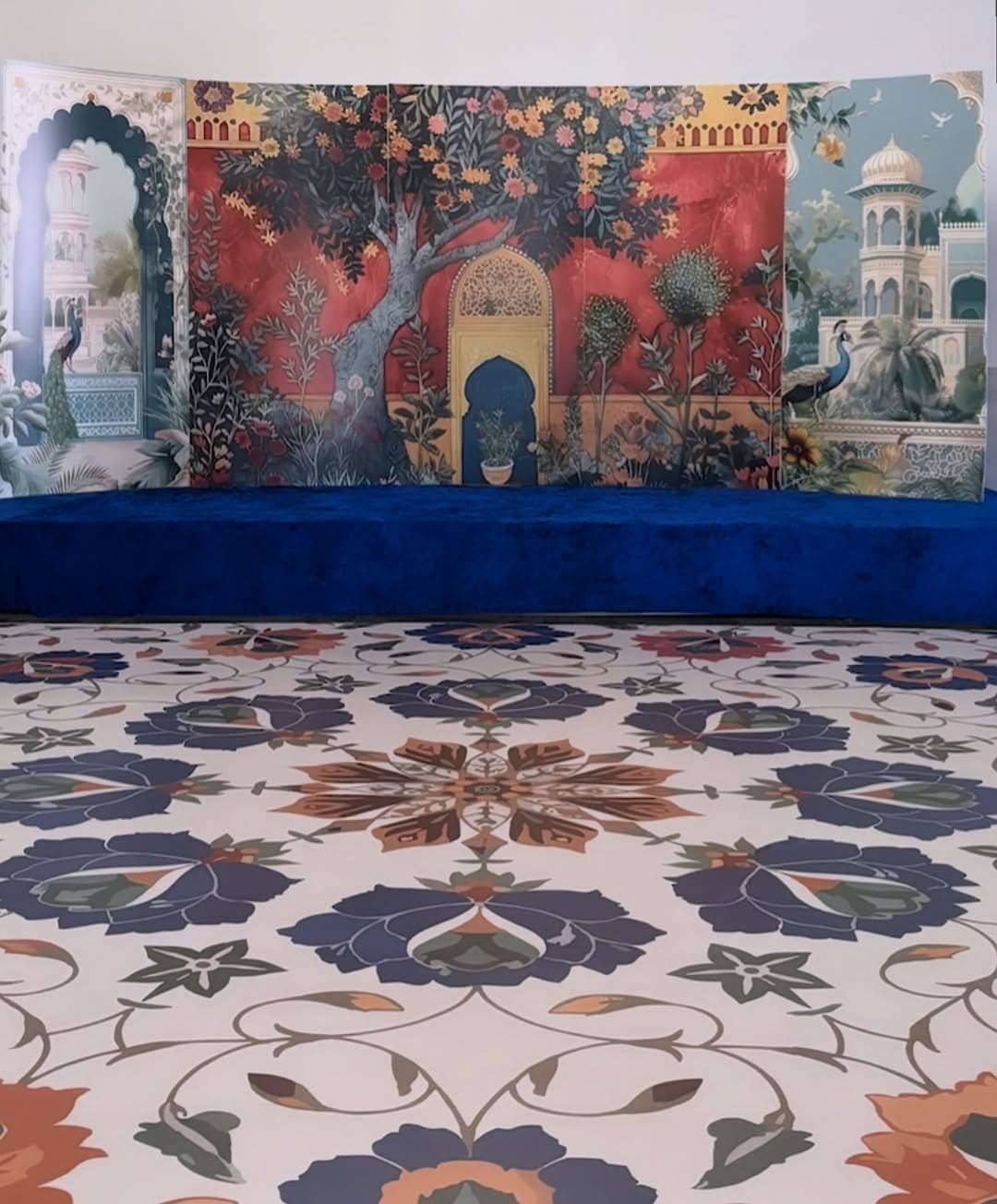 Elegant navy and coral floral dance floor wrap for outdoor wedding